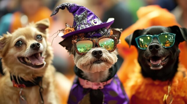 A pet Halloween costume contest, with pets of all shapes and sizes dressed in creative and spooky outfits, judged by a lively audience.
