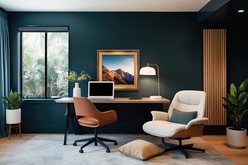 Fototapeta premium Contemporary At-Home Workstation Design Featuring Artistic Frame Mockup and Comfortable Seating