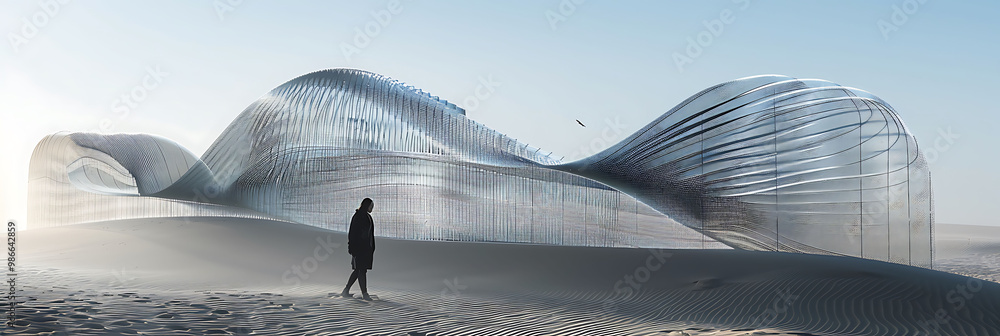 Poster augmented reality art installation a beach where digital waves rise and fall transforming the shorel