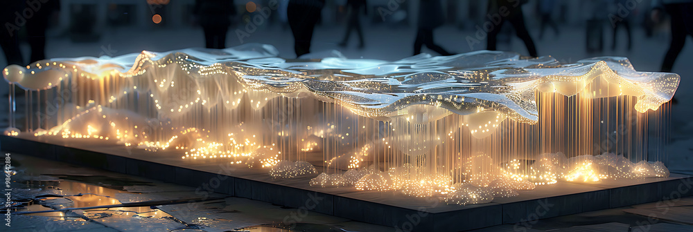 Poster augmented reality art installation a beach where digital waves rise and fall transforming the shorel