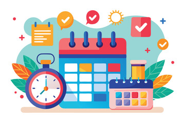 A vibrant illustration of a calendar and clock highlights effective time management techniques and organization, Calendar and clock illustration with a trending schedule.