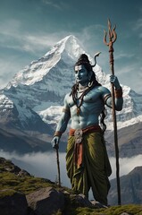 Naklejka premium Shiva standing majestically on Mount Kailash with snow-capped peaks and serene clouds during dawn.