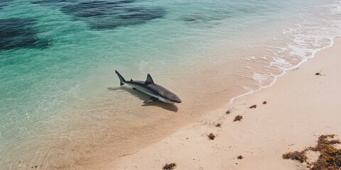 A shark is laying on the beach, with the ocean in the background. The scene is peaceful and serene, with the shark seemingly at ease in its natural habitat