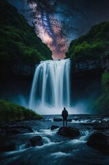 A person stands in a serene waterfall under a starry sky, experiencing a dreamlike night surrounded by nature's beauty.