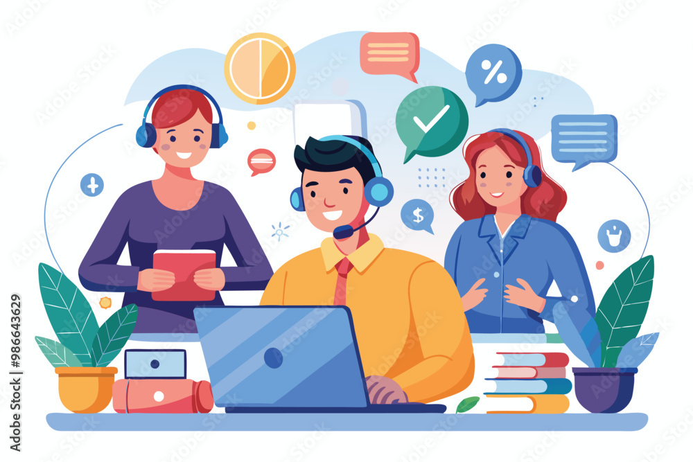 Poster a busy call center team assists customers with inquiries using headsets and digital devices, call ce