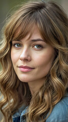 Fototapeta premium Closeup Portrait of a Woman With Soft Wavy Hair and a Gentle Smile in an Outdoor Setting With Natural Light