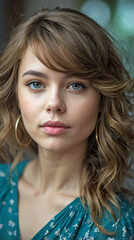 Portrait of a Young Woman With Wavy Hair and Hoop Earrings in a Floral Blouse Looking Calmly at the Camera