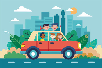 Fototapeta premium Five friends happily share a carpool adventure, driving through a colorful urban setting under the sun, Carpool Flat Illustration