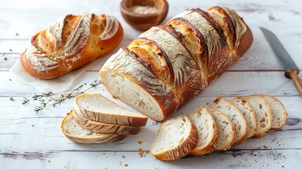 Include a few details, like a knife or cloth napkin, beside the bread to enhance the scene's rustic charm, while keeping the focus on the bread and wooden table.