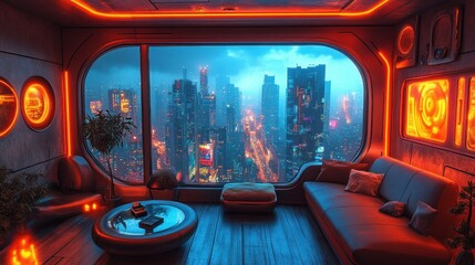 Futuristic Cityscape View From a Modern Living Room