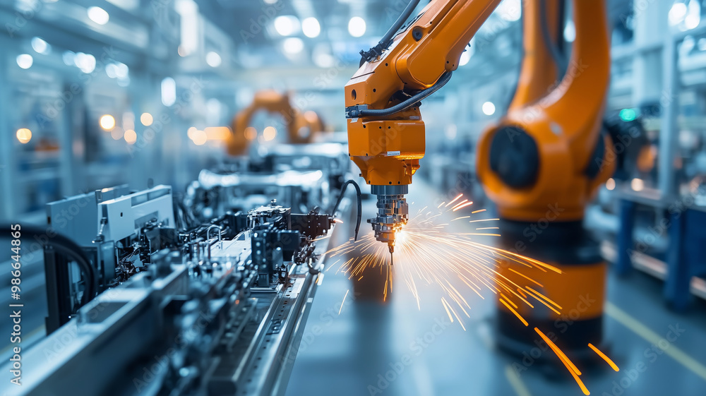 Poster Robotic arm sparks innovation in car manufacturing workshop during a precise assembly process