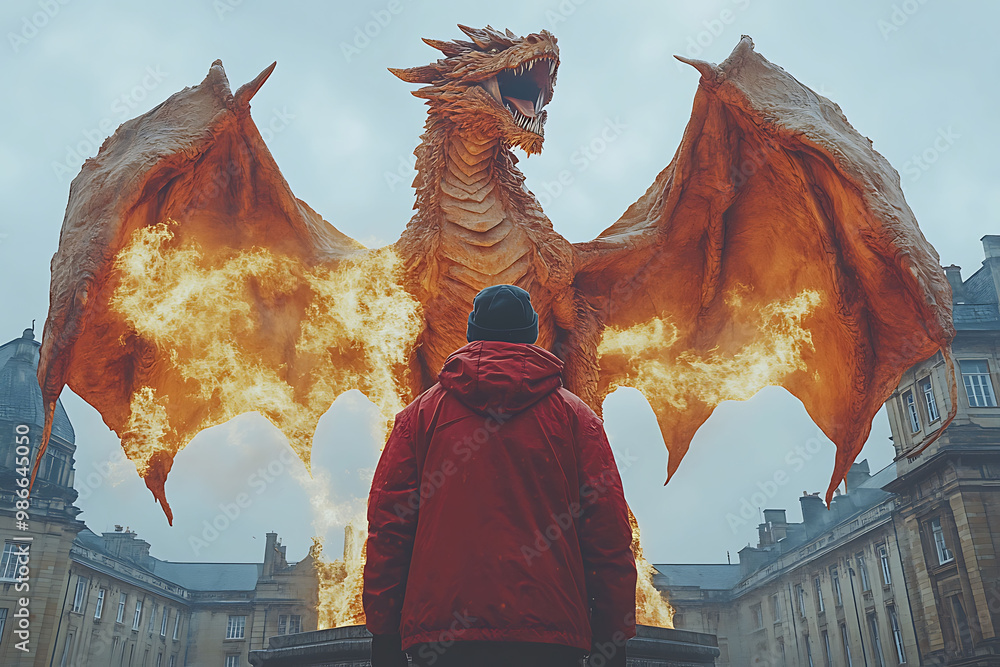 Poster augmented reality experience where digital dragons fly through city skyline blending mythical creatu