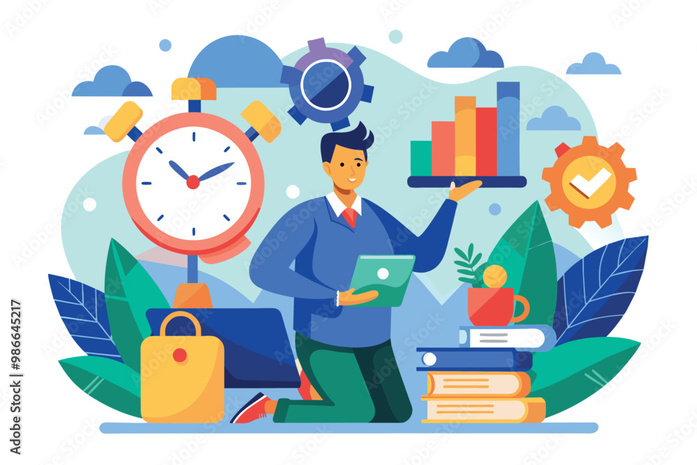 Poster a person creatively displays character and time management tools while surrounded by books and clock