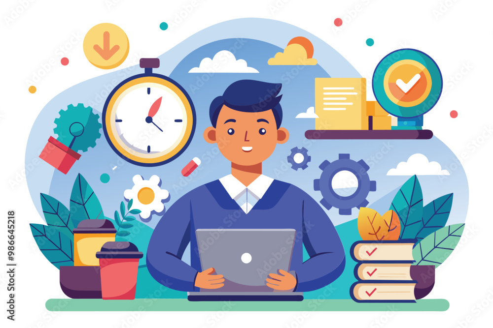 Poster a character is using a laptop in a colorful office, surrounded by symbols of time management and pro