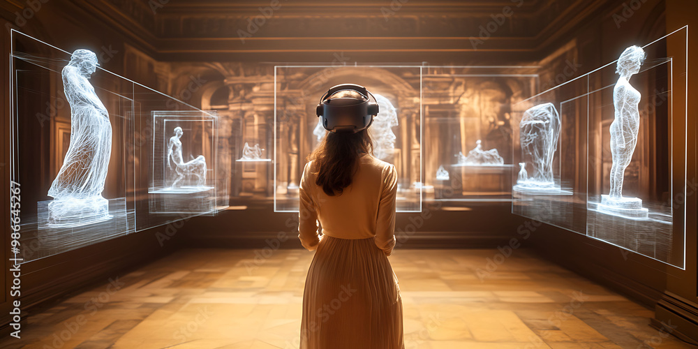 Poster augmented reality experience where participants walk through gallery of digital holograms with sculp