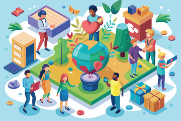 Fototapeta premium Community members are actively participating in various charitable activities while promoting sustainability, Charity Isometric Illustration
