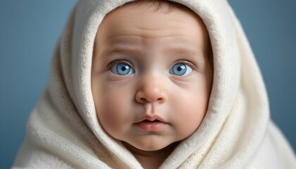 Innocent Baby Portrait with Blue Eyes Wrapped in Cream Blanket
