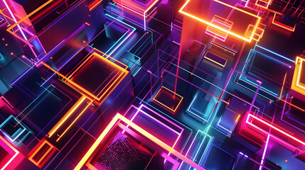 Vibrant intersecting geometric shapes made of light floating in a void Neon outlines with soft glows intricate details of shapes combining in a harmonious blend of color and shadow