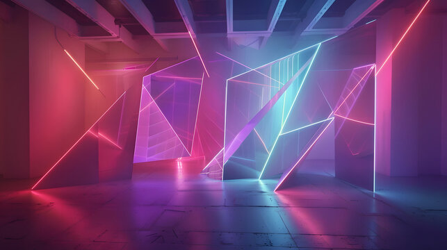Vibrant intersecting geometric shapes made of light floating in a void Neon outlines with soft glows intricate details of shapes combining in a harmonious blend of color and shadow