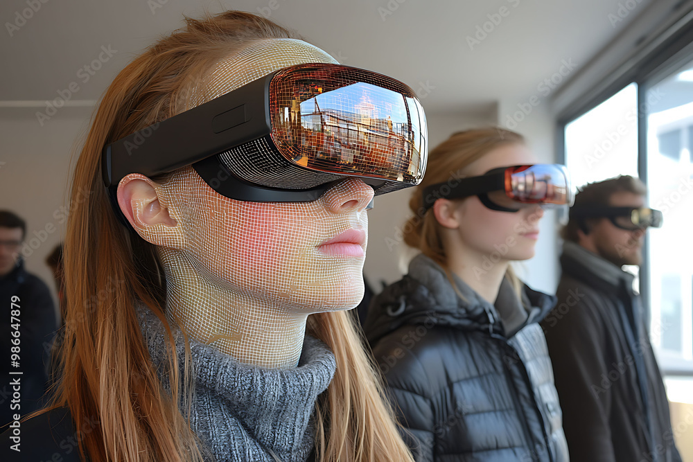 Poster augmented reality visual art gallery where visitors wear smart glasses reveal hidden layers of digit