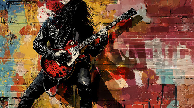 Rock guitarist illustration wall art graffiti stencil art style, hardrock. Graffiti Stencil. Illustration