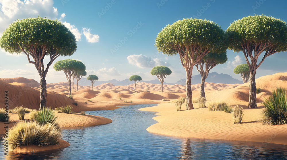 Poster augmented reality visuals overlay a desert landscape with digital oases where visitors can walk thro