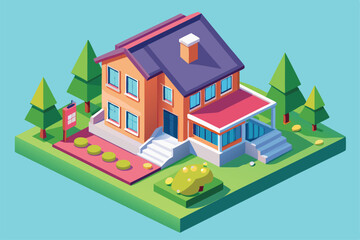 A detailed isometric depiction of a colorful house surrounded by green trees and well-maintained garden, Choose a customizable isometric illustration of a house.