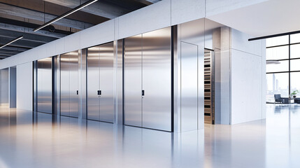 minimalist storage rooms with sleek metal doors in an industrial building