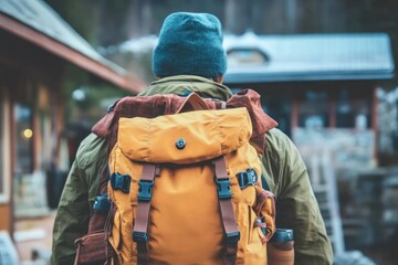 Obraz premium Rear View of a Person Wearing a Backpack with a Blue Hat