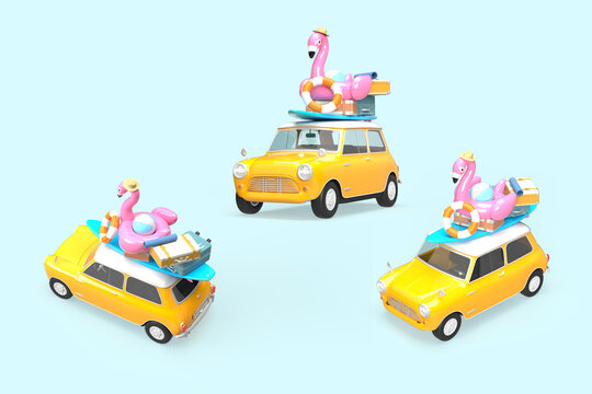 A yellow vintage car. On the roof there is a suitcase, a ball, a circle and a flamingo for swimming and  surfboard. 3d on the topic of travel, recreation, tickets, the sea. Blue background.