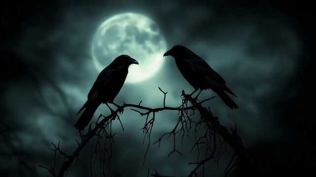 Moon Crows - Two crows perched on some branches in front of the moon