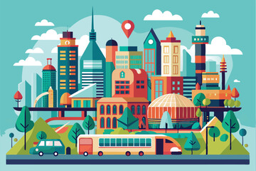 This colorful illustration showcases a bustling urban environment with skyscrapers, parks, and transit options, City life illustration that can be customized.