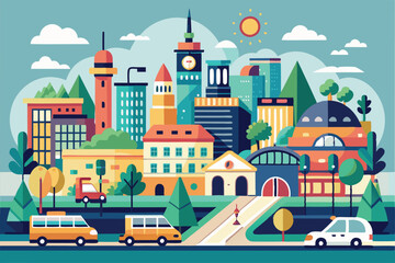 Naklejka premium Colorful representation of a lively city with cars, trees, and iconic buildings under a sunny sky, City life illustration that can be customized.