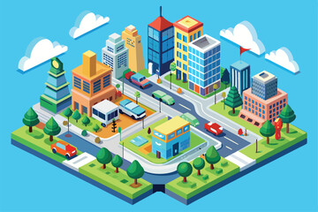 A lively urban setting showcases colorful buildings, trees, and vehicles against a clear sky, City life Isometric Illustration, customizable.