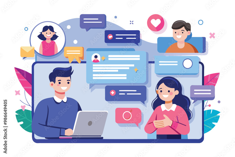 Poster two users engage in a friendly conversation on a digital platform while using chat bubbles and icons