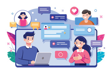 Two users engage in a friendly conversation on a digital platform while using chat bubbles and icons, Client chat, flat illustration