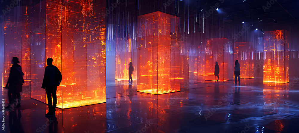 Poster digital artwork ar gallery where visitors interact 3d paintings that extend into the space combining