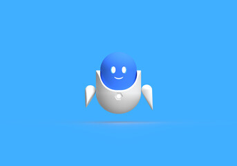 The white, blue robot is a digital assistant. Glowing eyes, mouth, heart. 3d rendering on the topic of technology, Internet, web, assistant, app, ai, ml. Blue background.