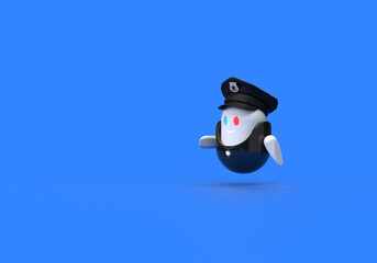 White, black robot police assistant, arm outstretched. Glowing eyes. 3d on the topic of police, assistance, law enforcement, assistant, applications, web. Blue background.