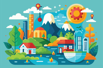 A colorful landscape illustrates the effects of climate change with urban and natural elements, highlighting challenges, Climate change illustration, customizable and flat.
