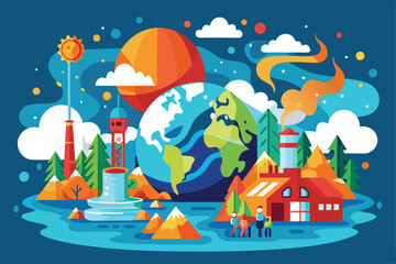 Naklejka premium A colorful illustration showcases the effects of climate change with factories, nature, and a globe, Climate change illustration, customizable and flat.
