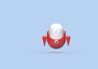 White, red robot firefighter, assistant. Glowing eyes. Fire hydrant. 3d on the topic of fire, firefighter, law enforcement, assistant, applications, web, AI, ml. Blue background.