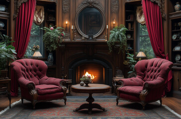 Victorian Parlor Stage Setup with Antique Furniture and Rich Textiles: Elegance from a Bygone Era