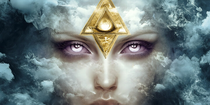 Ethereal Third Eye Brow Chakra Wall Art - mesmerising female eyes merged with rustic cloud effect and a gold double triangle placed at her third eye brow chakra ideal for a spiritual theme
