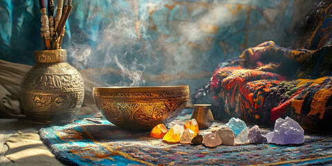 Crystal and sound healing practitioner theme background -  misty moody lighting with a singing bowl, crystal quartz specimens, meditation stool and copy space for spiritual message
