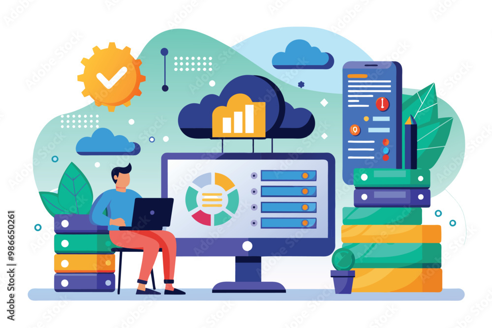 Poster a person using a laptop explores cloud backup solutions for efficient big data management, cloud bac