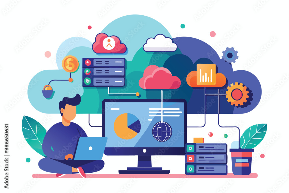 Poster a developer uses a laptop, surrounded by cloud services and data visualizations, exploring cloud com