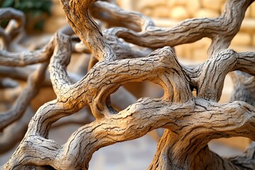 A close-up of twisted, gnarled branches on a barren tree, showing the texture and age of the bark