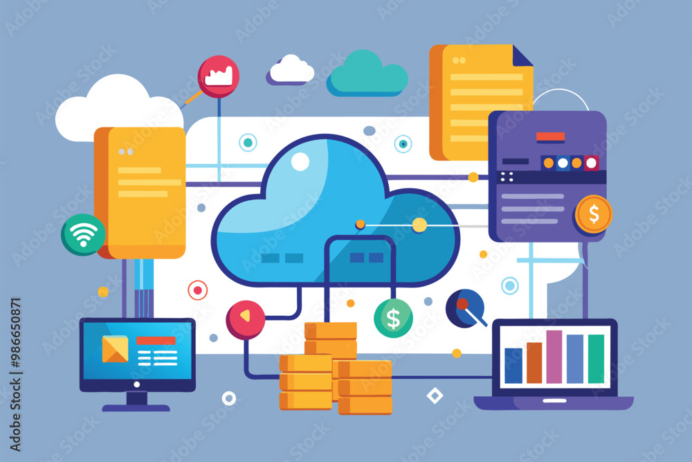 Poster visual representation of cloud data management, showcasing information flow and digital connections,