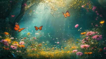 A field of flowers with butterflies flying around